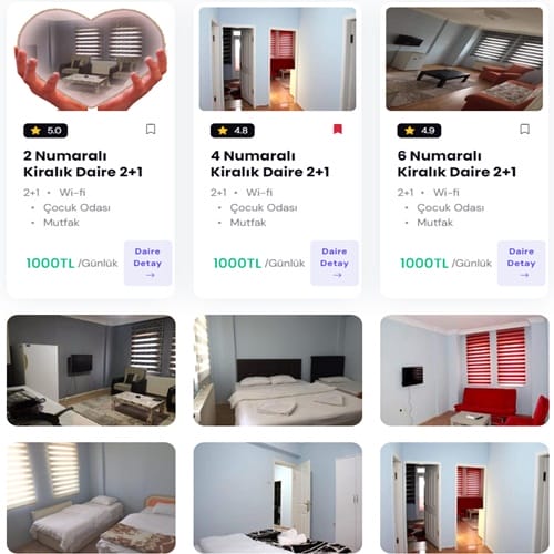 Samsun günlük kiralık ev 2+1, modern daire iç mekan ve dış cephe fotoğrafları